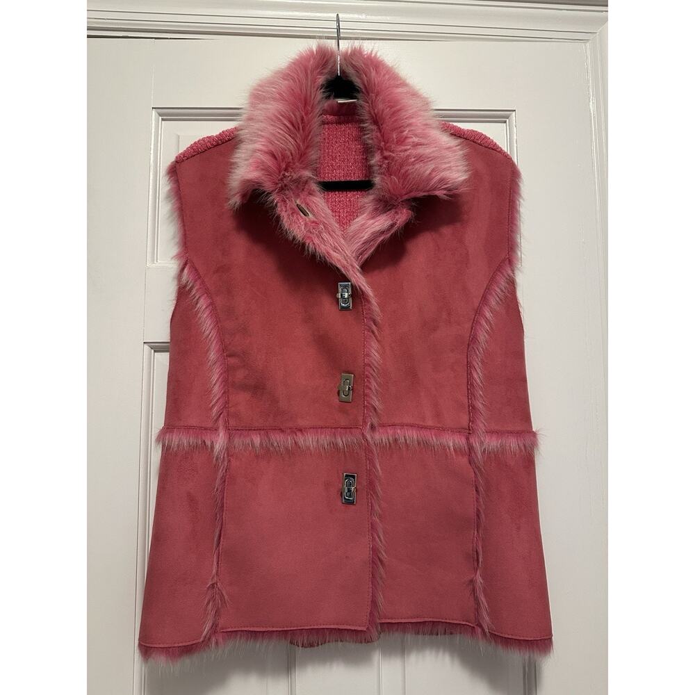 Lisa International Women’s XL Fur Trimmed Faux Suede Vest Technicolor Pink Trend